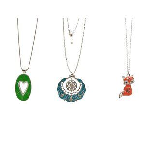 Lot of 3 Enameled Necklaces Silver Chain Fox Heart Pearl Kaleidoscope Pendants